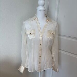 Cache Silk Gold Metallic Pinstripe Blouse Cream Ivory Button Down Shirt Medium